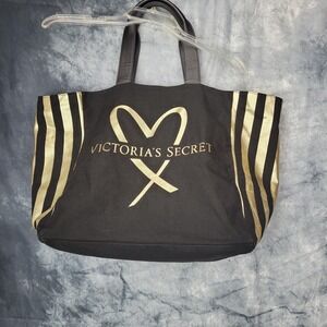 Victoria Secret Tote Bag Black & Gold Striped Weekend Bag